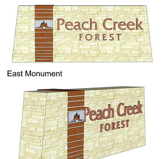 Peach Creek Forest entrance monument